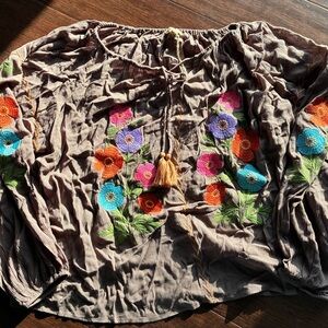 Easel Floral Embroidered Tunic in Brown